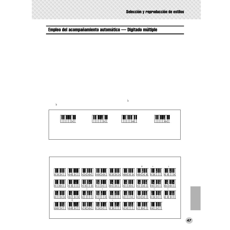Empleo del acompañamiento automático, Digitado múltiple, Selección y reproducción de estilos | Acordes con un solo dedo, Acordes digitados, Ejemplo para acordes de do | Yamaha Portable Grand DGX-300 User Manual | Page 47 / 116