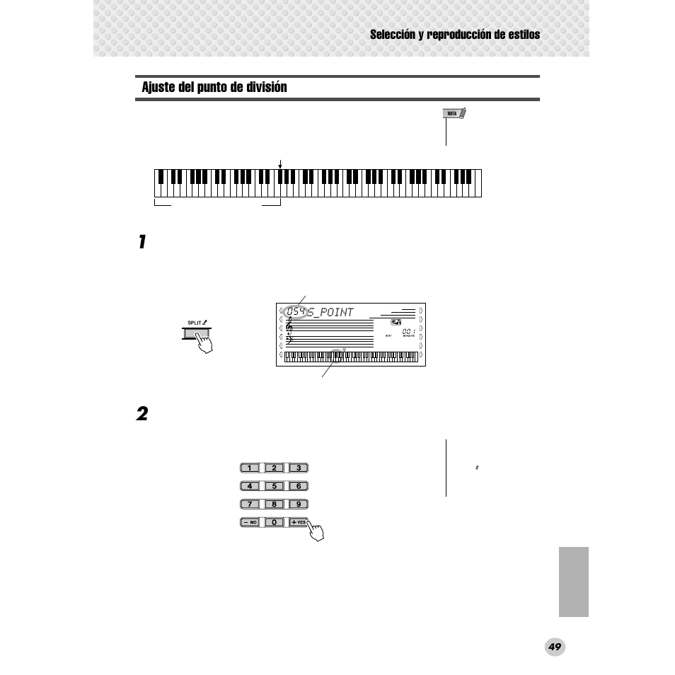 Ajuste del punto de división, Selección y reproducción de estilos | Yamaha Portable Grand DGX-300 User Manual | Page 49 / 116