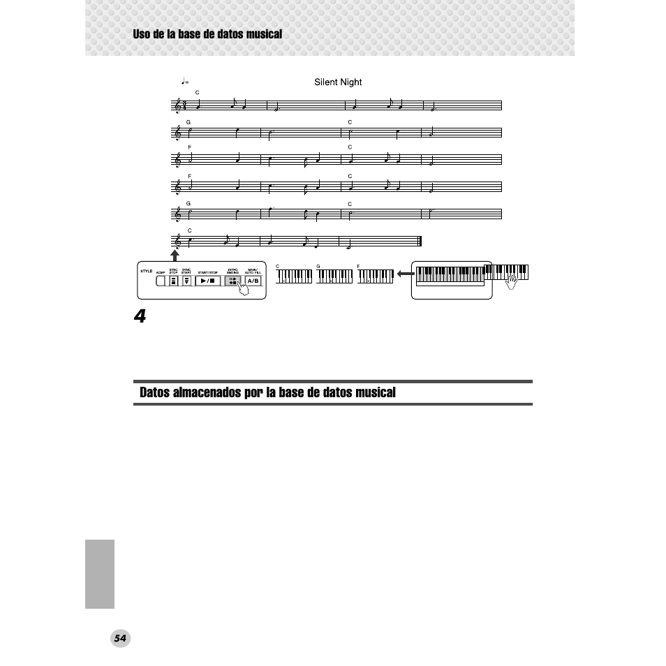Datos almacenados por la base de datos musical, Datos almacenados por la base, De datos musical | Uso de la base de datos musical | Yamaha Portable Grand DGX-300 User Manual | Page 54 / 116