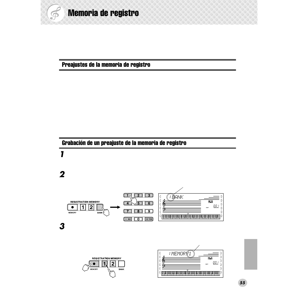 Memoria de registro, Preajustes de la memoria de registro, De registro | Yamaha Portable Grand DGX-300 User Manual | Page 55 / 116