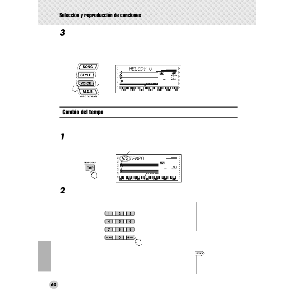 Cambio del tempo, Selección y reproducción de canciones | Yamaha Portable Grand DGX-300 User Manual | Page 60 / 116
