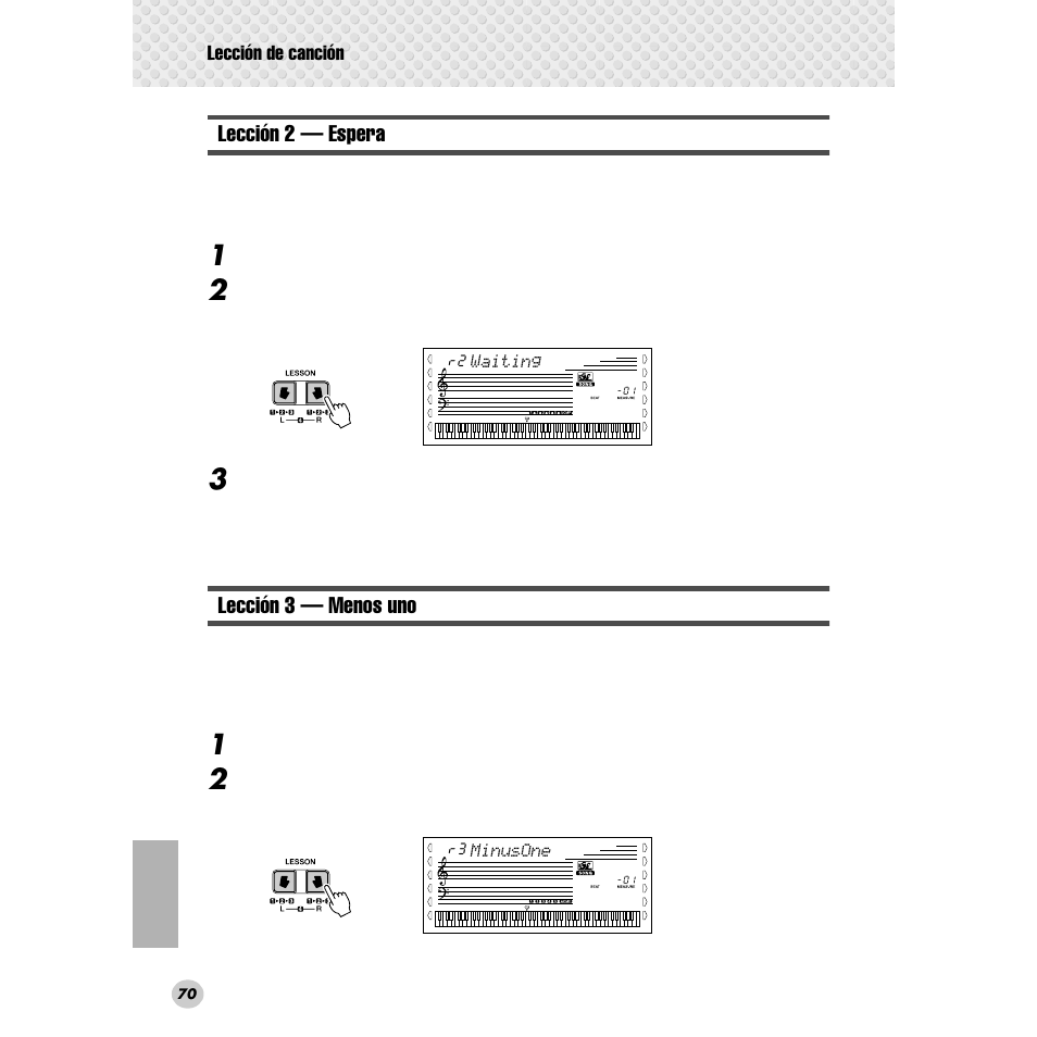 Lección 2 — espera, Lección 3 — menos uno, Lección 2 — espera • lección 3 — menos uno | Yamaha Portable Grand DGX-300 User Manual | Page 70 / 116