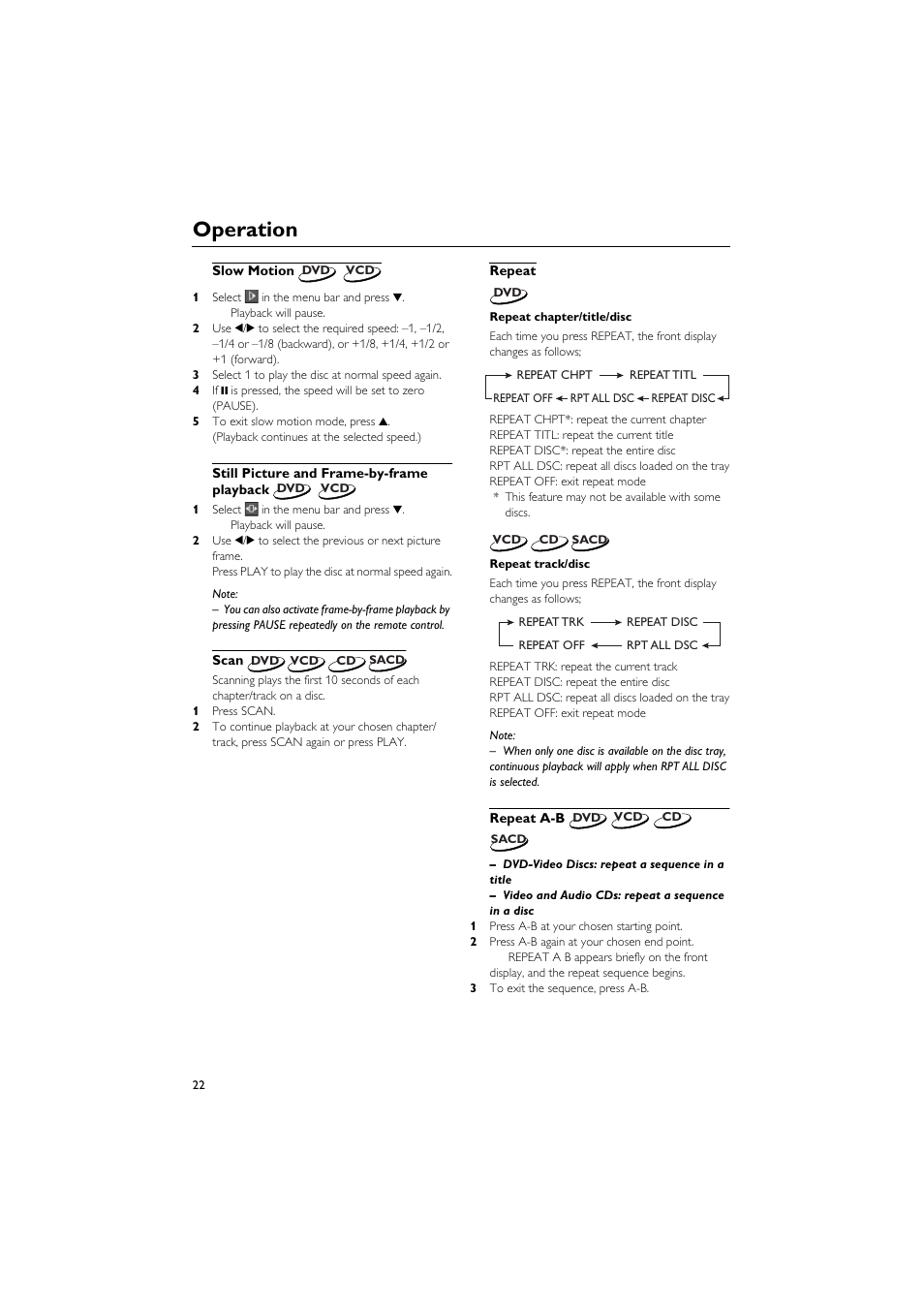 Slow motion, Still picture and frame-by-frame playback, Scan | Repeat, Repeat a-b, Operation | Yamaha DVD-C940 User Manual | Page 26 / 34