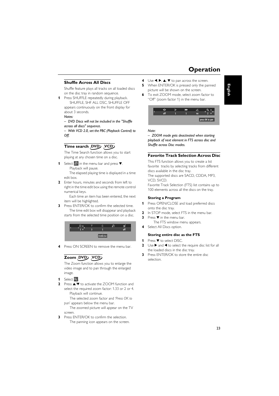 Shuffle across all discs, Time search, Zoom | Favorite track selection across disc, Operation | Yamaha DVD-C940 User Manual | Page 27 / 34