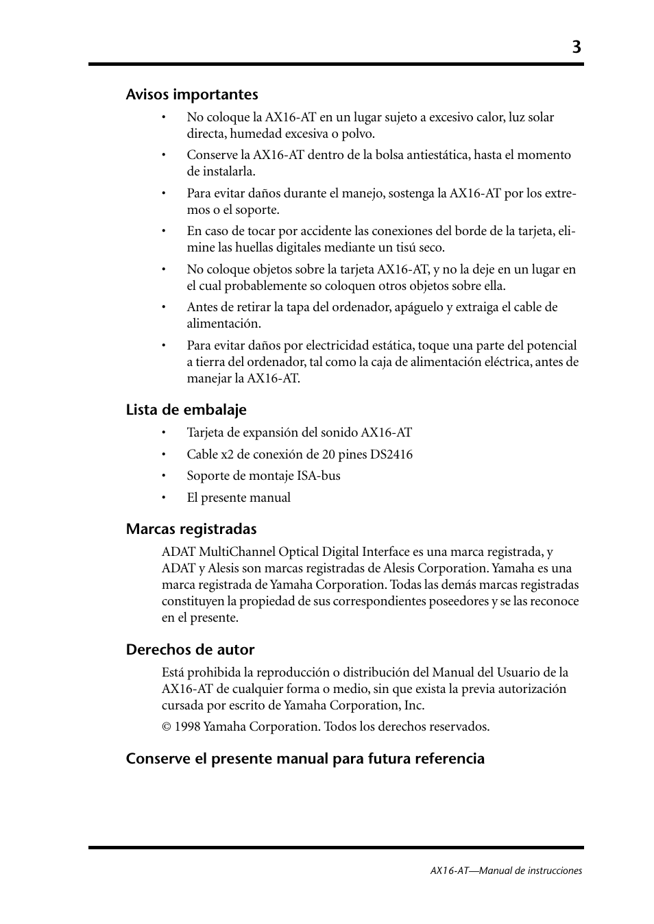 Avisos importantes | Yamaha AX16-AT User Manual | Page 42 / 65