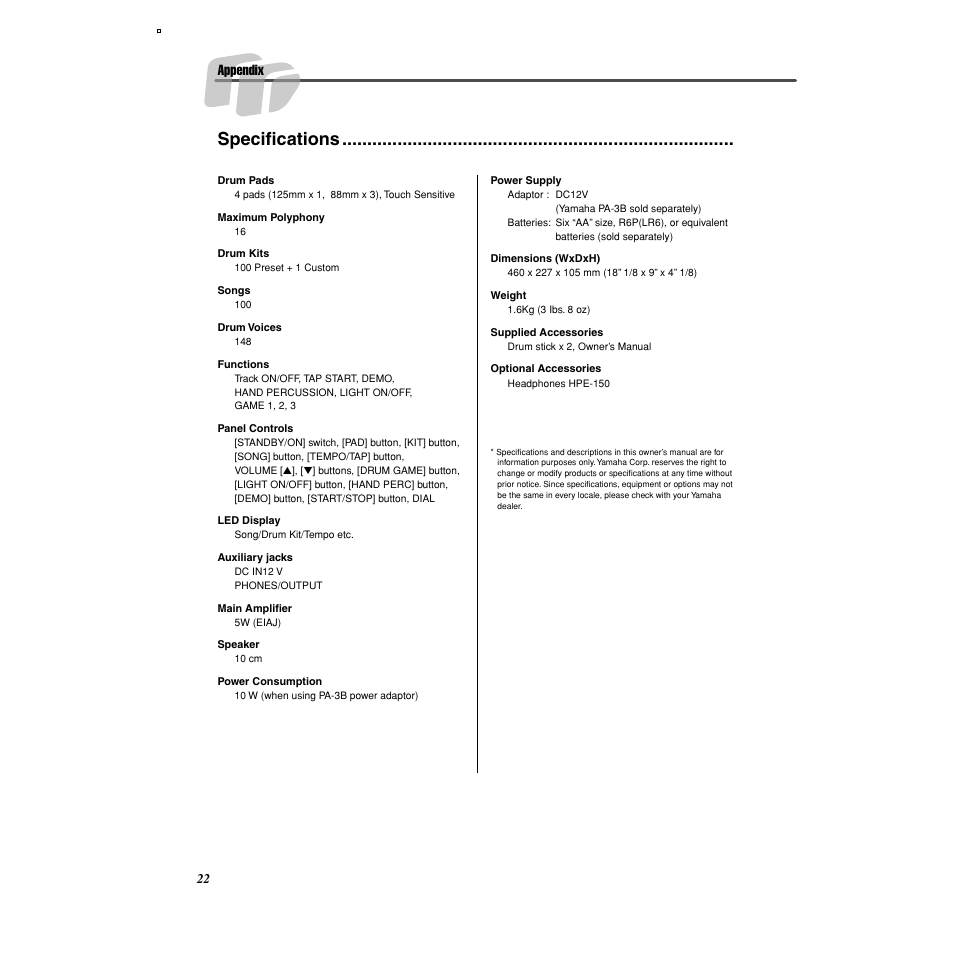 Specifications, Appendix | Yamaha DD-35 User Manual | Page 22 / 24