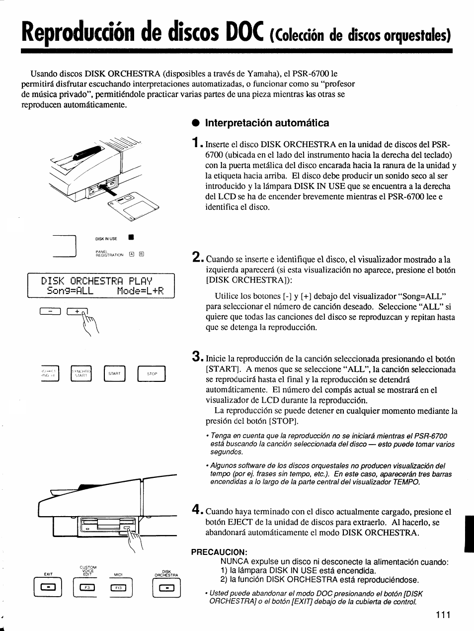Interpretación automática, Precaucion, Reproducción de discos doc | Colección de discos orquestales) | Yamaha Protatone PSR-6700 User Manual | Page 29 / 42