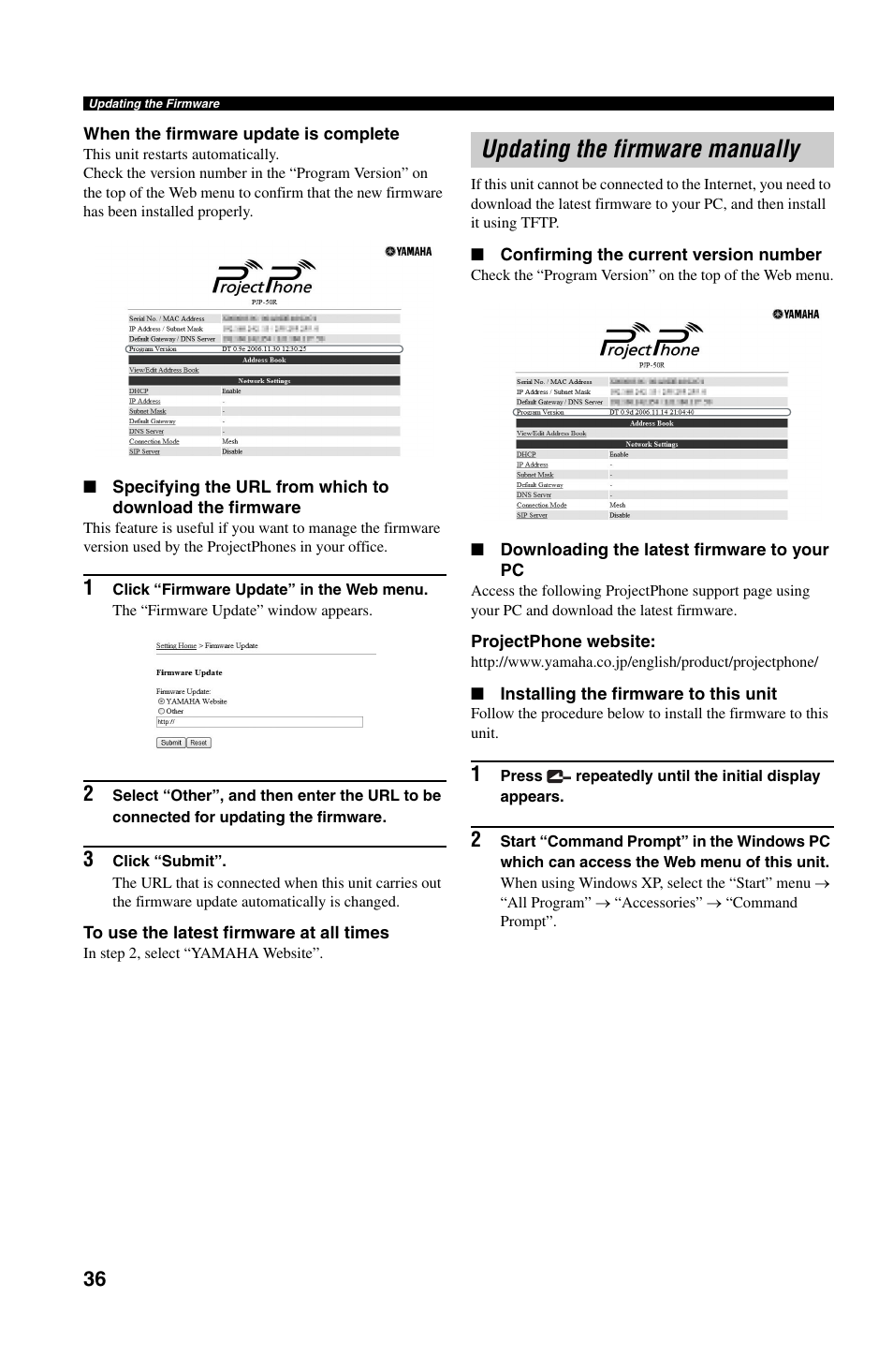 Updating the firmware manually, Confirming the current version number, Downloading the latest firmware to your pc | Installing the firmware to this unit | Yamaha PJP-50R User Manual | Page 41 / 53