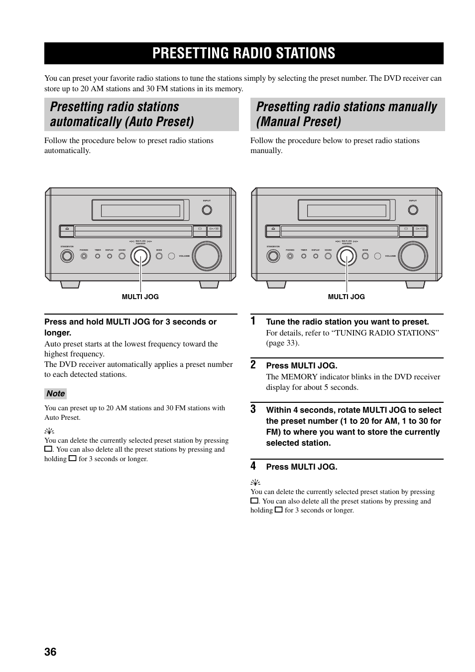 Presetting radio stations, Presetting radio stations manually (manual preset), Press multi jog. y | Yamaha RDX-E700 User Manual | Page 38 / 61