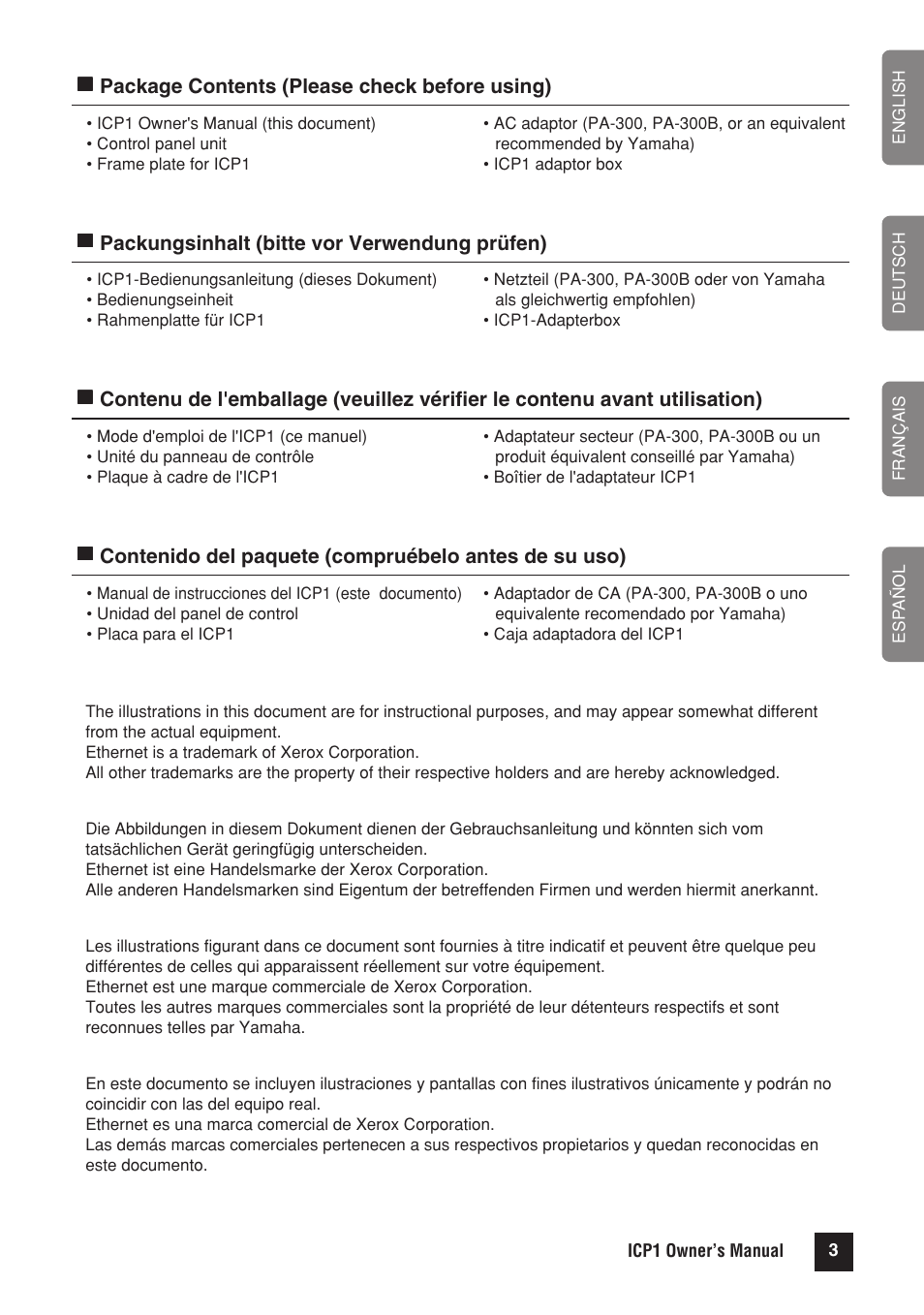 Package contents (please check before using), Packungsinhalt (bitte vor verwendung prüfen) | Yamaha ICP1 User Manual | Page 3 / 12