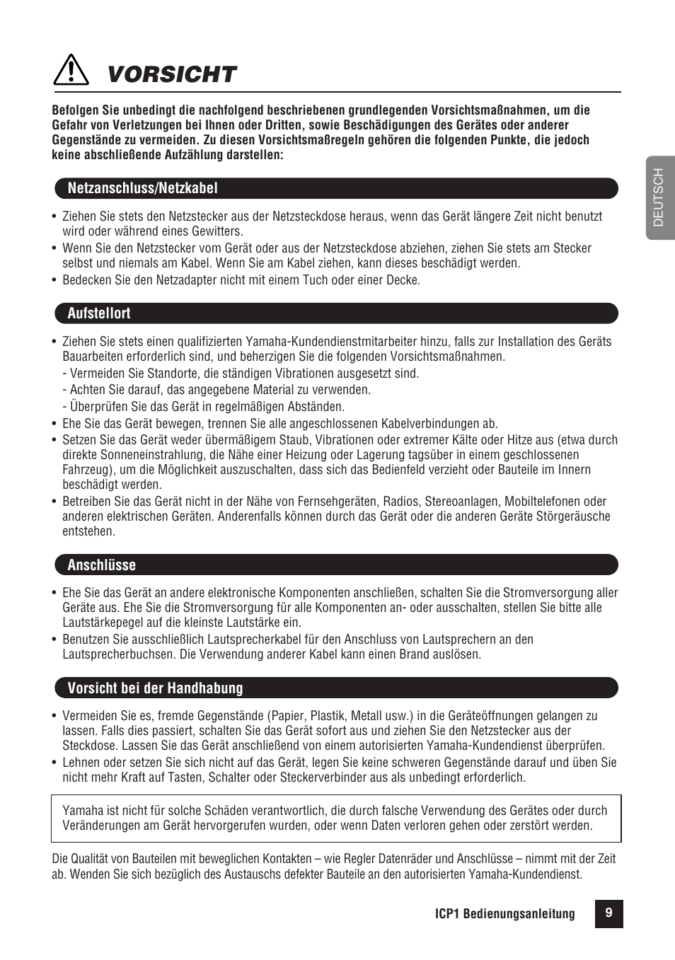 Vorsicht | Yamaha ICP1 User Manual | Page 5 / 12