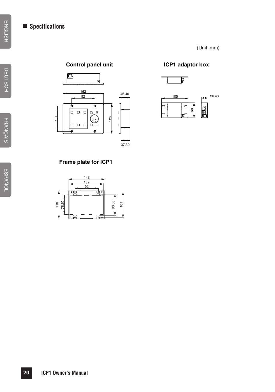 Specifications, Icp1 owner’s manual, Icp1 adaptor box control panel unit | Frame plate for icp1 | Yamaha ICP1 User Manual | Page 8 / 12