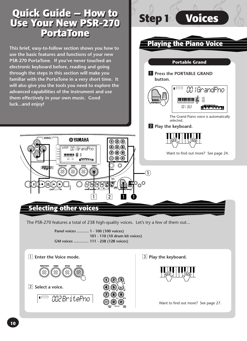 Step1 voices, Pppp, Step 1 voices | 002 britepno, Selecting other voices, Playing the piano voice, Grandpno | Yamaha PSR-270 User Manual | Page 10 / 120