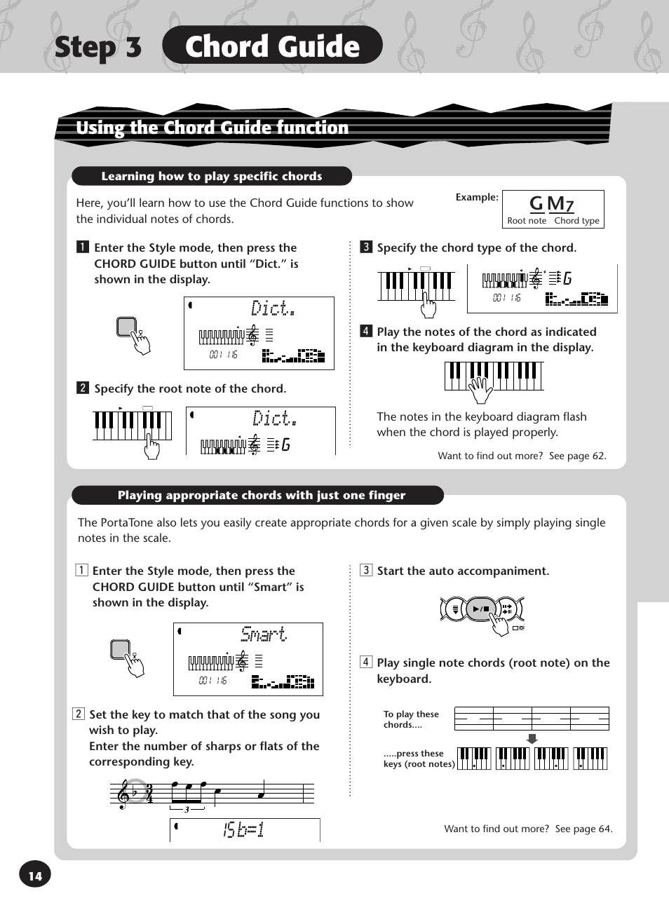 Step 3 chord guide, Dict, Smart | Using the chord guide function | Yamaha PSR-270 User Manual | Page 14 / 120