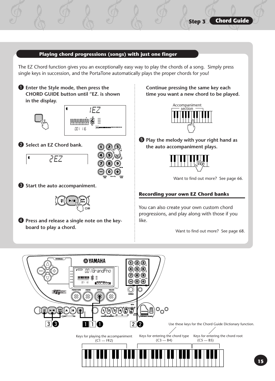 Ez 1, Xw zzq c e, Step 3 chord guide r | Grandpno | Yamaha PSR-270 User Manual | Page 15 / 120