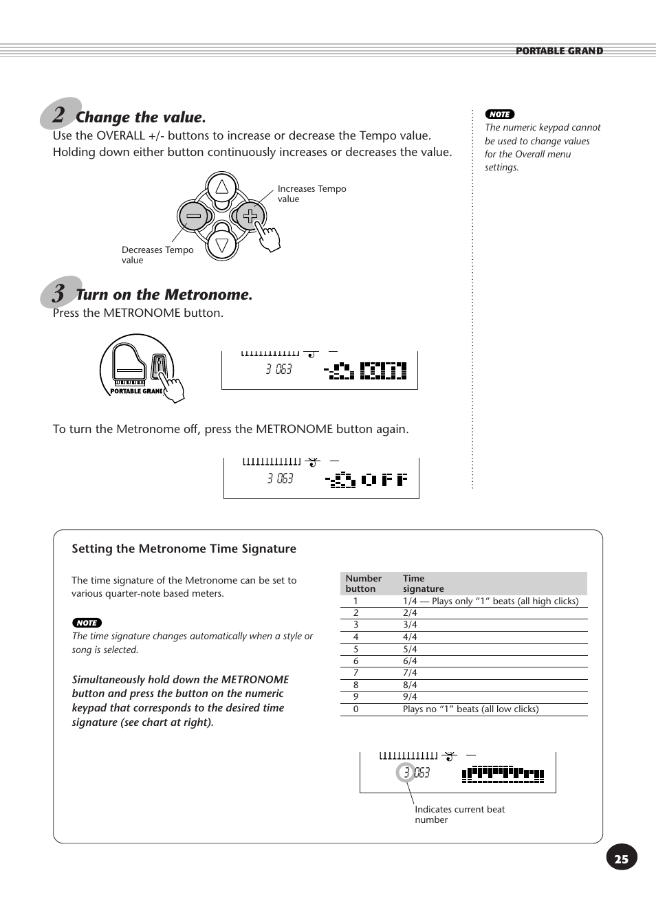 Setting the metronome time signature, Setting the metronome, Time signature | Change the value, Turn on the metronome | Yamaha PSR-270 User Manual | Page 25 / 120