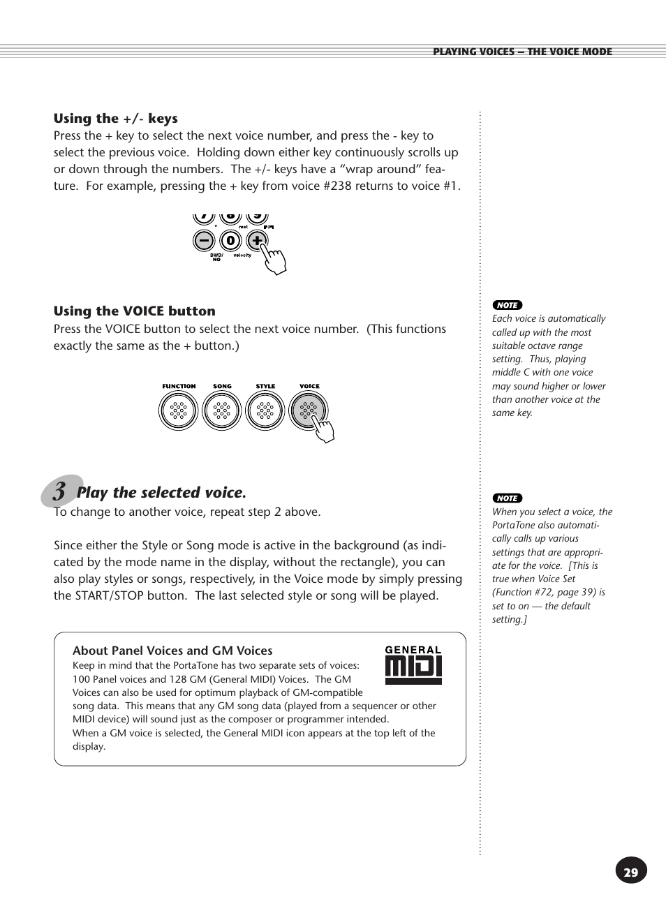 About panel voices and gm voices, About panel voices and, Gm voices | Play the selected voice | Yamaha PSR-270 User Manual | Page 29 / 120