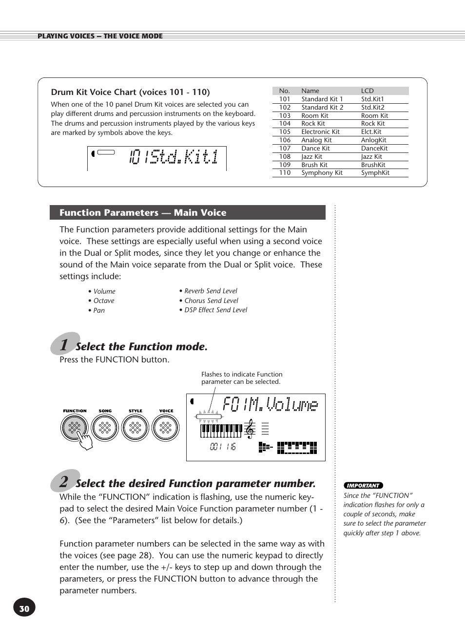 Drum kit voice chart (voices 101 - 110), Function parameters -- main voice, Drum kit voice chart | Voices 101 - 110), Function parameters — main voice 30, M.volume, Std.kit1, Select the function mode, Select the desired function parameter number | Yamaha PSR-270 User Manual | Page 30 / 120