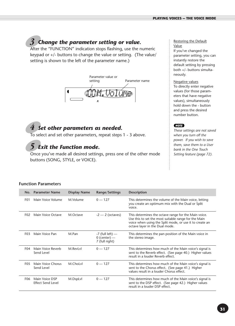 M.volume, Change the parameter setting or value, Set other parameters as needed | Exit the function mode | Yamaha PSR-270 User Manual | Page 31 / 120