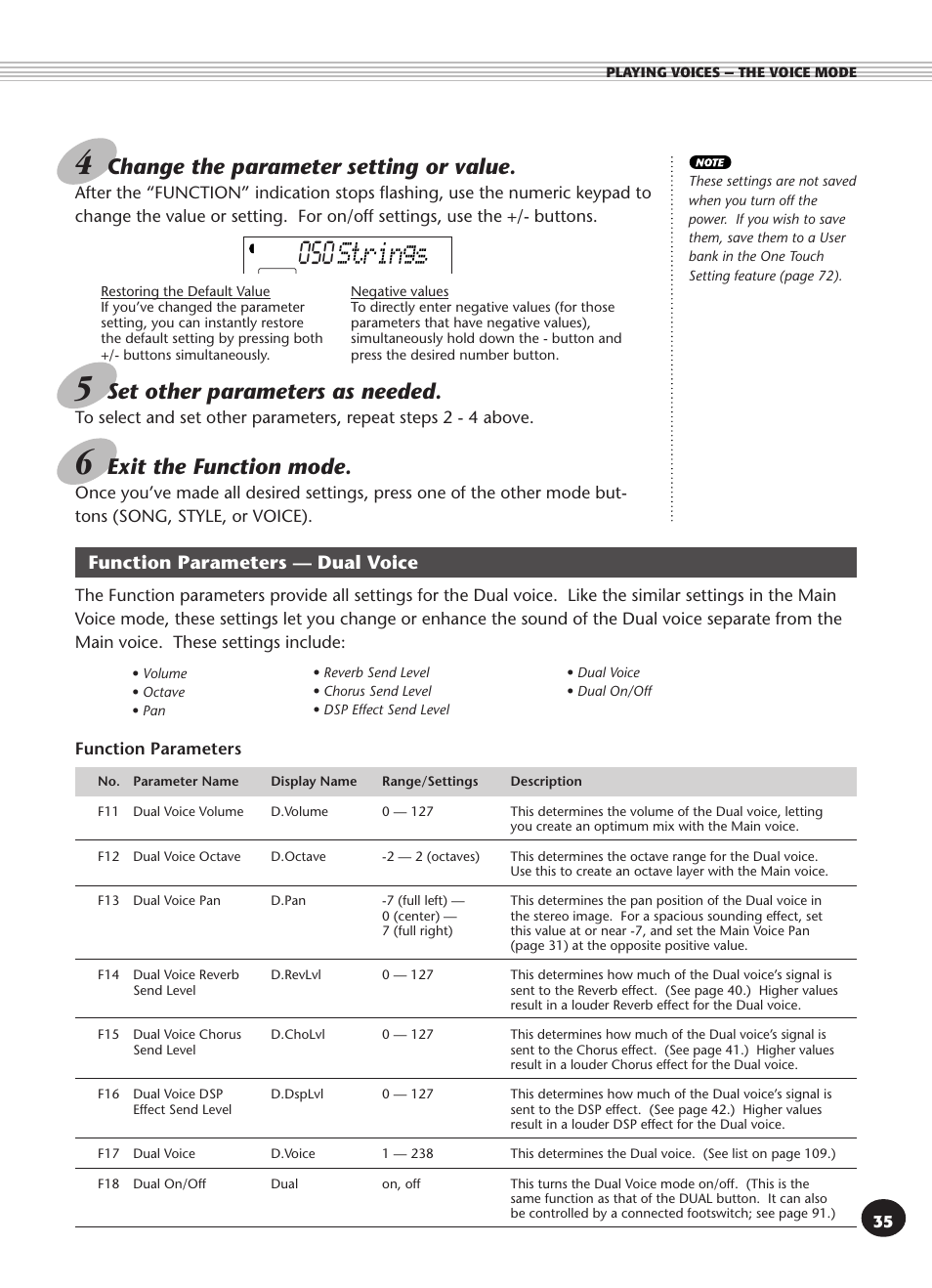 Function parameters -- dual voice, Function parameters — dual voice 35, Strings | Set other parameters as needed, Exit the function mode, Change the parameter setting or value, Function parameters — dual voice | Yamaha PSR-270 User Manual | Page 35 / 120