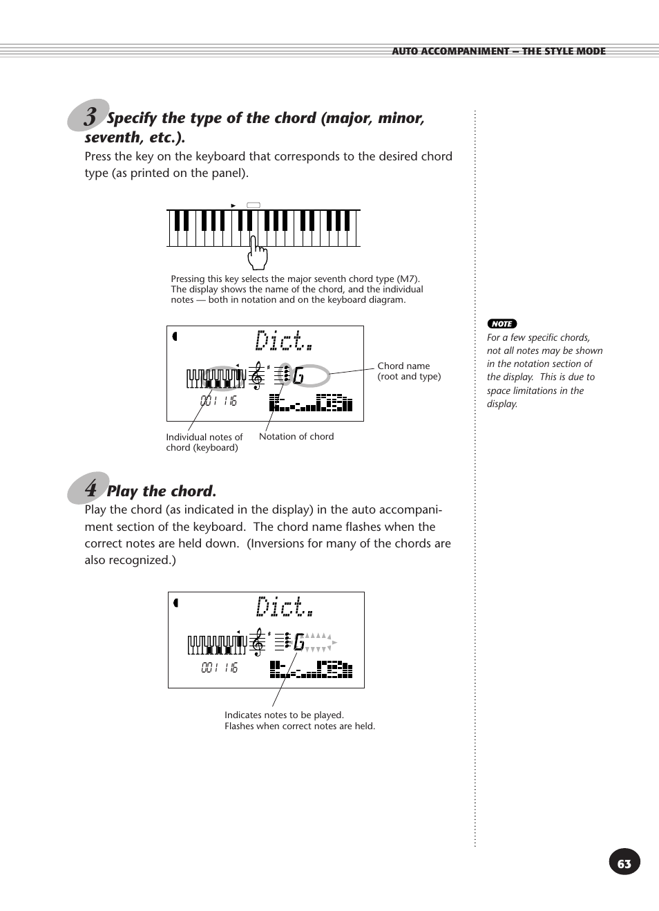 Dict, Play the chord | Yamaha PSR-270 User Manual | Page 63 / 120