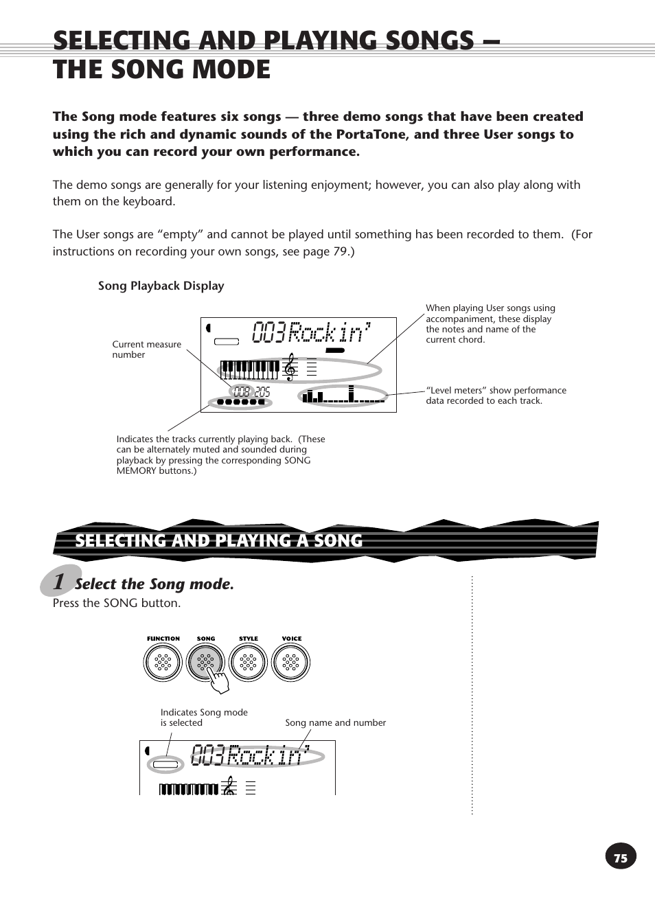 Selecting and playing songs -- the song mode, Selecting and playing a song, Selecting and playing songs — the song mode | Selecting and playing a song 75, 003 rockin, Rockin, Select the song mode | Yamaha PSR-270 User Manual | Page 75 / 120