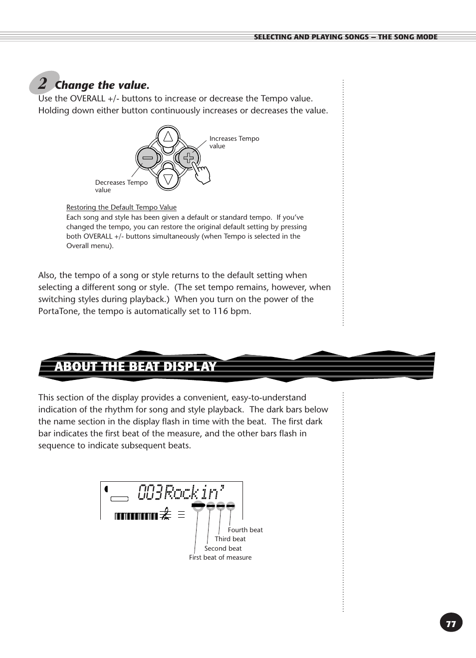 About the beat display, Rockin, Change the value | Yamaha PSR-270 User Manual | Page 77 / 120