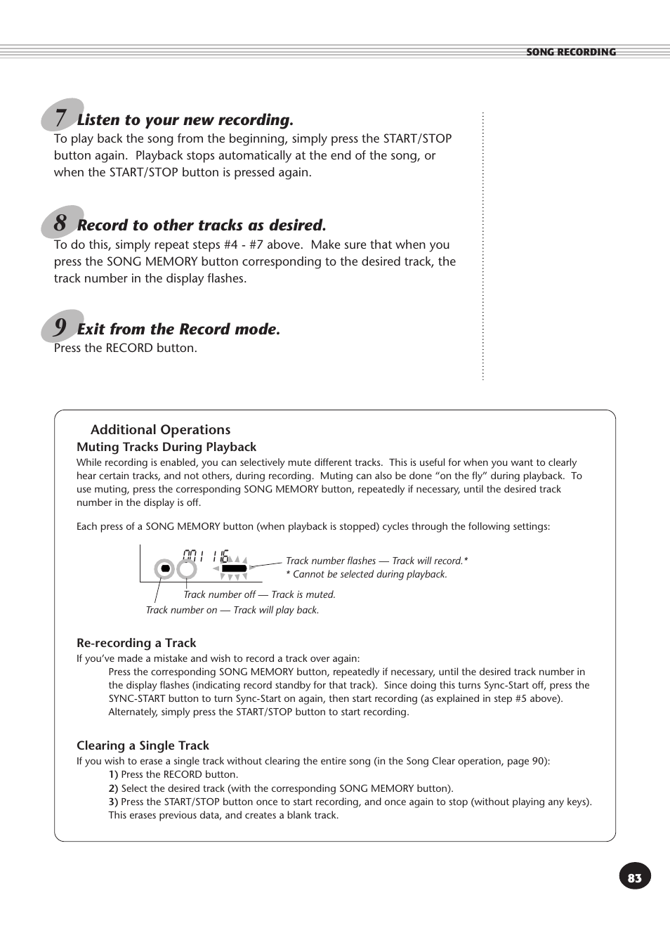 Additional operations, Listen to your new recording, Exit from the record mode | Record to other tracks as desired | Yamaha PSR-270 User Manual | Page 83 / 120