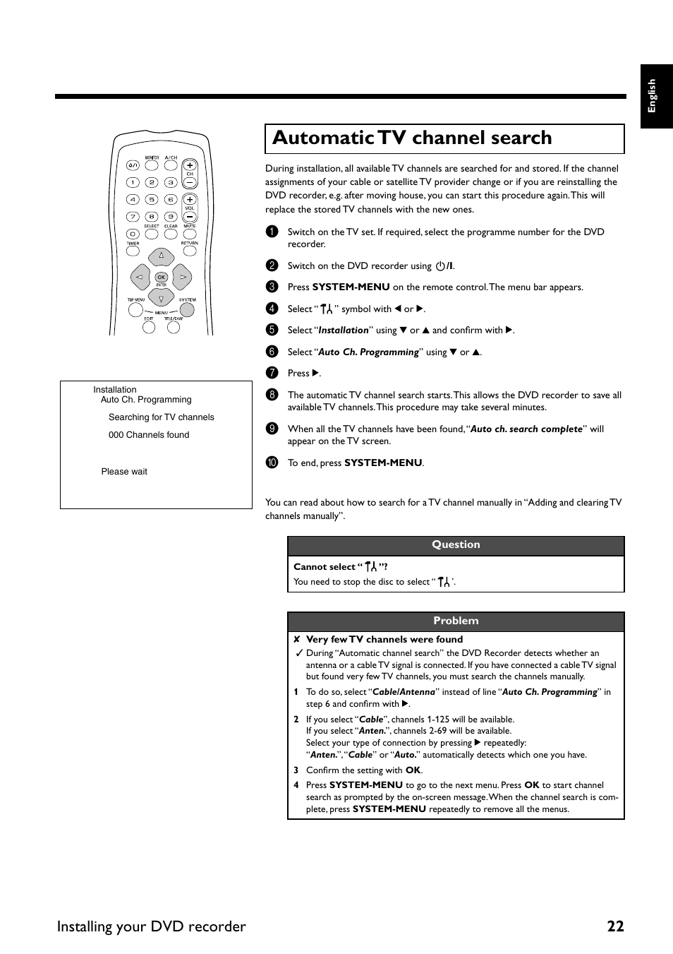 Automatic tv channel search, Installing your dvd recorder 22 | Yamaha DRX-2 User Manual | Page 27 / 76