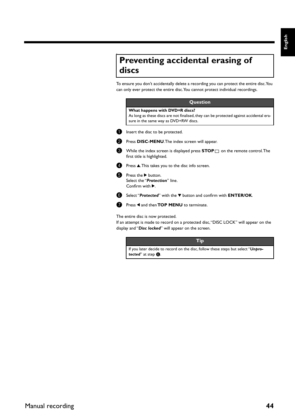 Preventing accidental erasing of discs, Manual recording 44 | Yamaha DRX-2 User Manual | Page 49 / 76