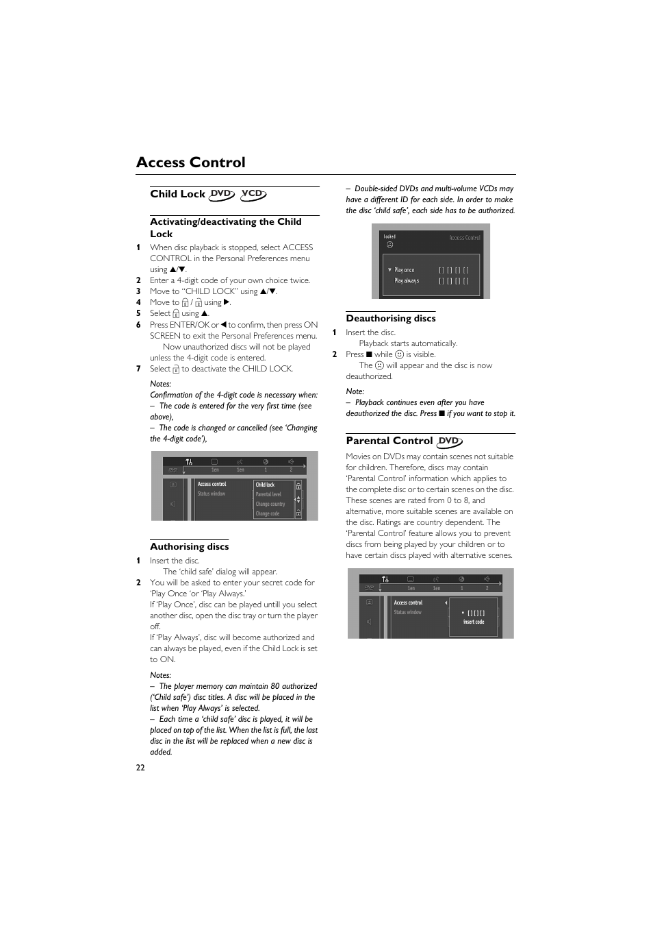 Access control, Child lock, Activating/deactivating the child lock | Authorising discs, Deauthorising discs, Parental control | Yamaha DVD CHANGER User Manual | Page 26 / 30