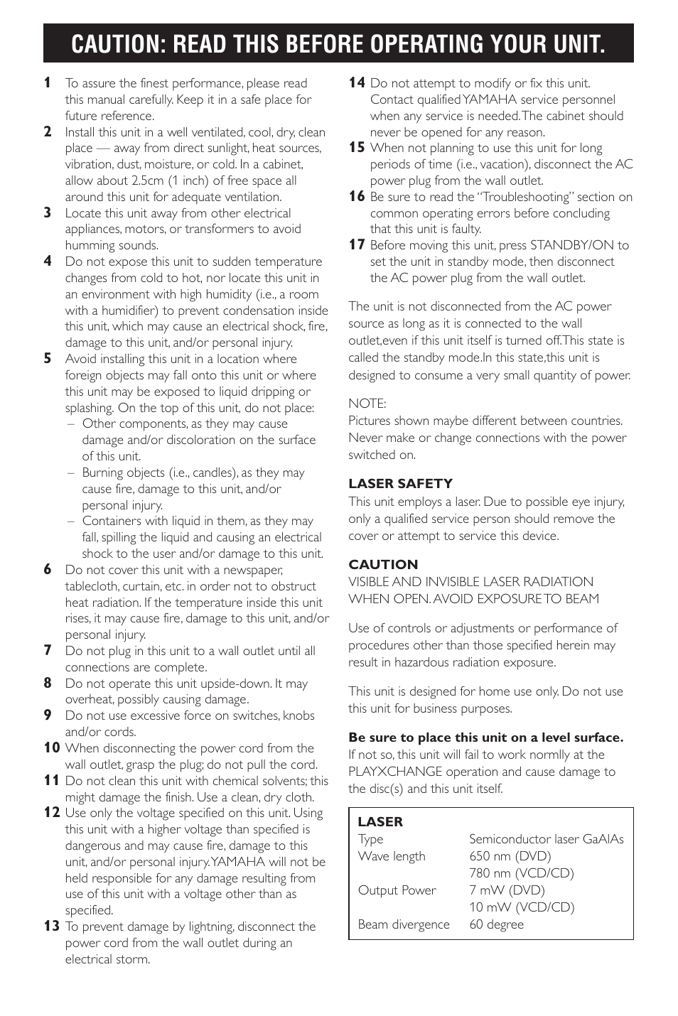 Caution, Caution: read this before operating your unit | Yamaha DVD CHANGER User Manual | Page 4 / 30