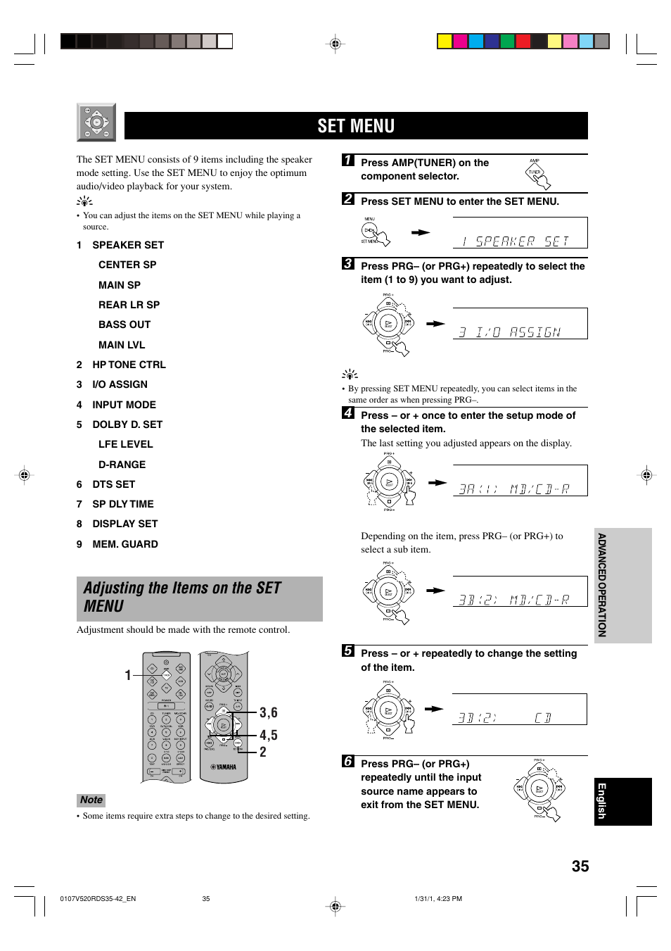 Set menu, Adjusting the items on the set menu | Yamaha RX-V520RDS User Manual | Page 37 / 71