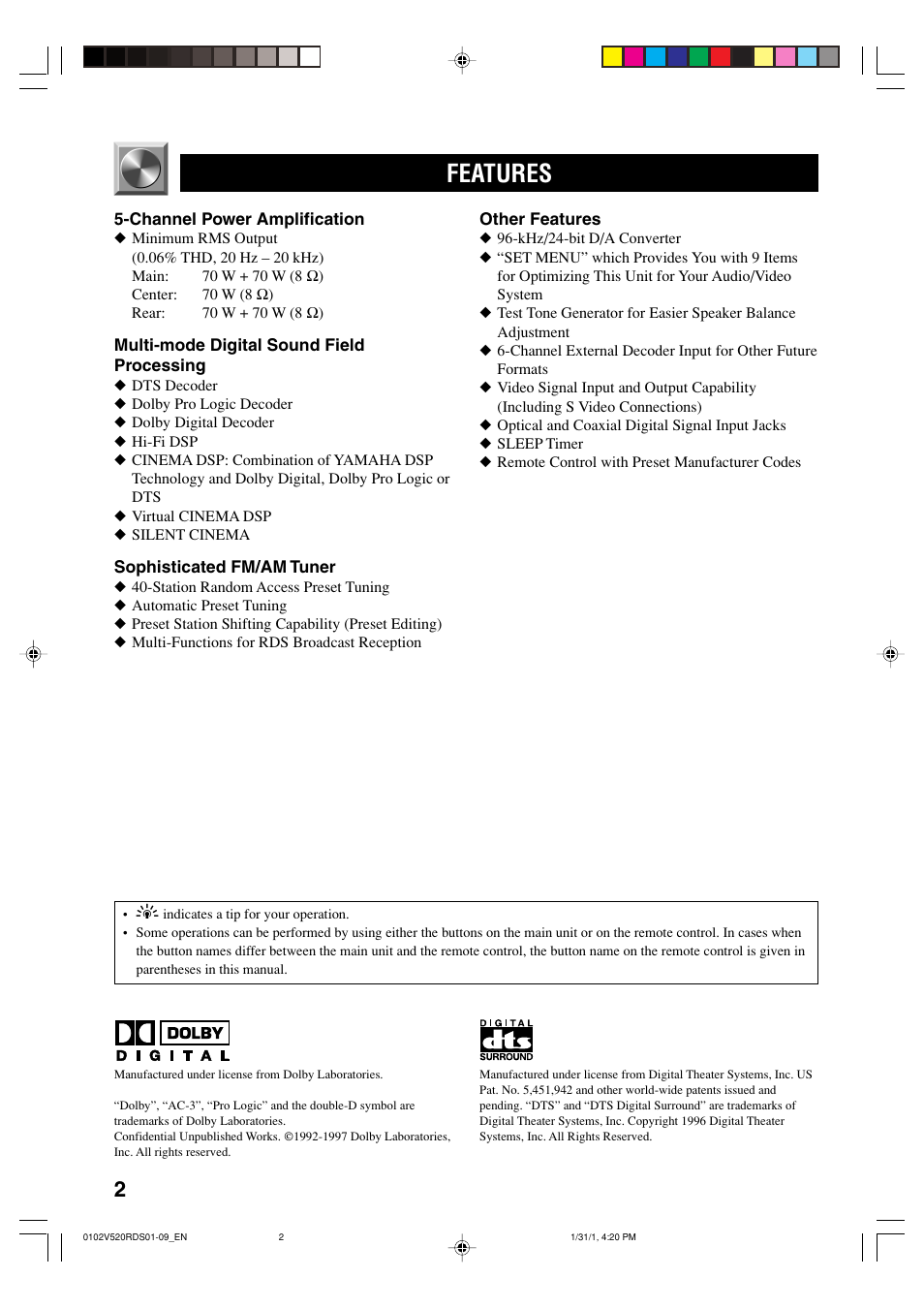 Features | Yamaha RX-V520RDS User Manual | Page 4 / 71