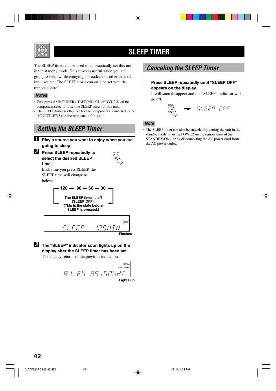 Sleep timer, Setting the sleep timer, Canceling the sleep timer | Setting the sleep timer 1 | Yamaha RX-V520RDS User Manual | Page 44 / 71