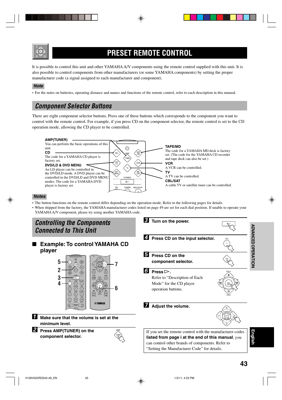 Preset remote control, Component selector buttons, Controlling the components connected to this unit | Yamaha RX-V520RDS User Manual | Page 45 / 71