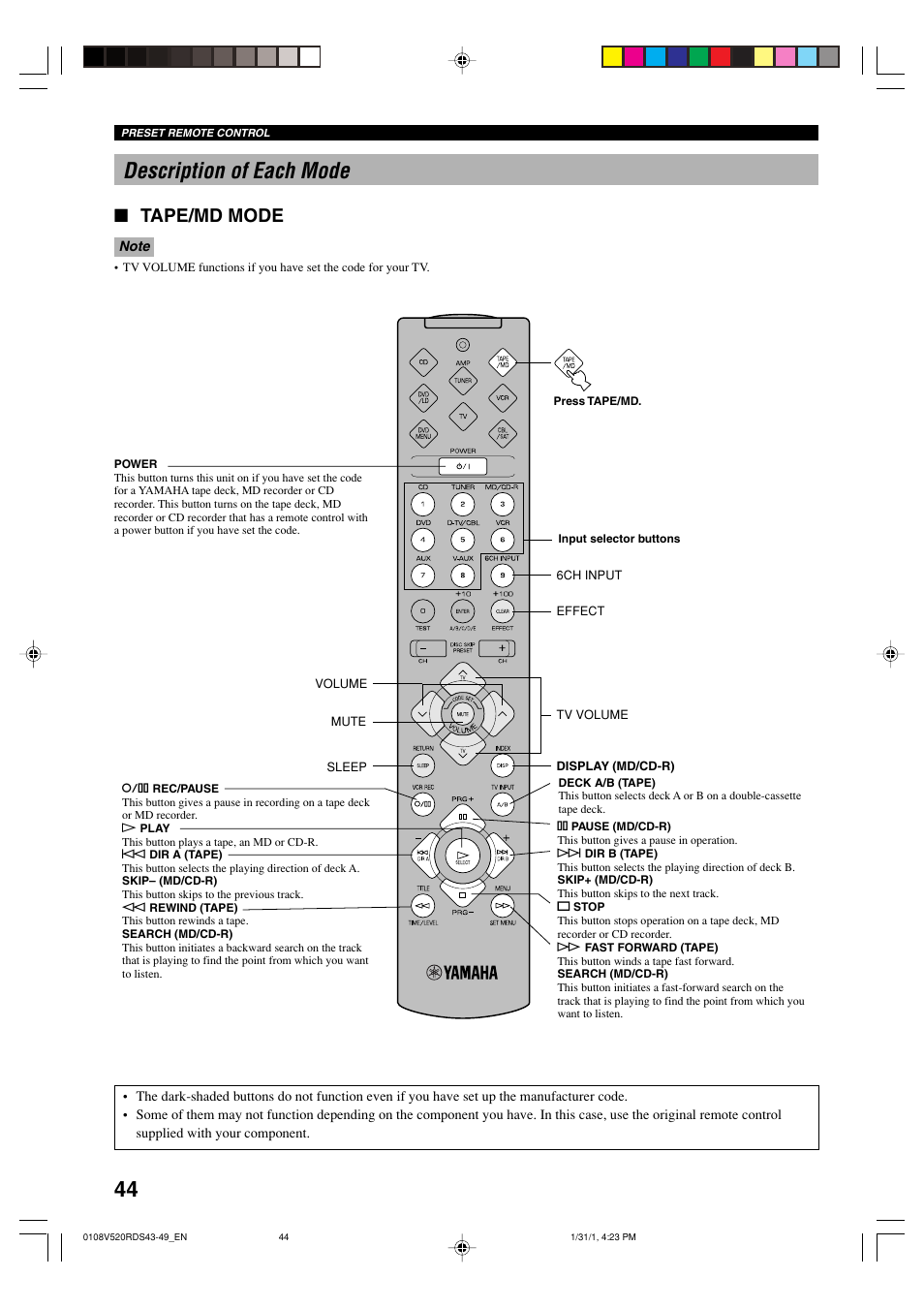 Description of each mode, 44 description of each mode, Tape/md mode | Yamaha RX-V520RDS User Manual | Page 46 / 71