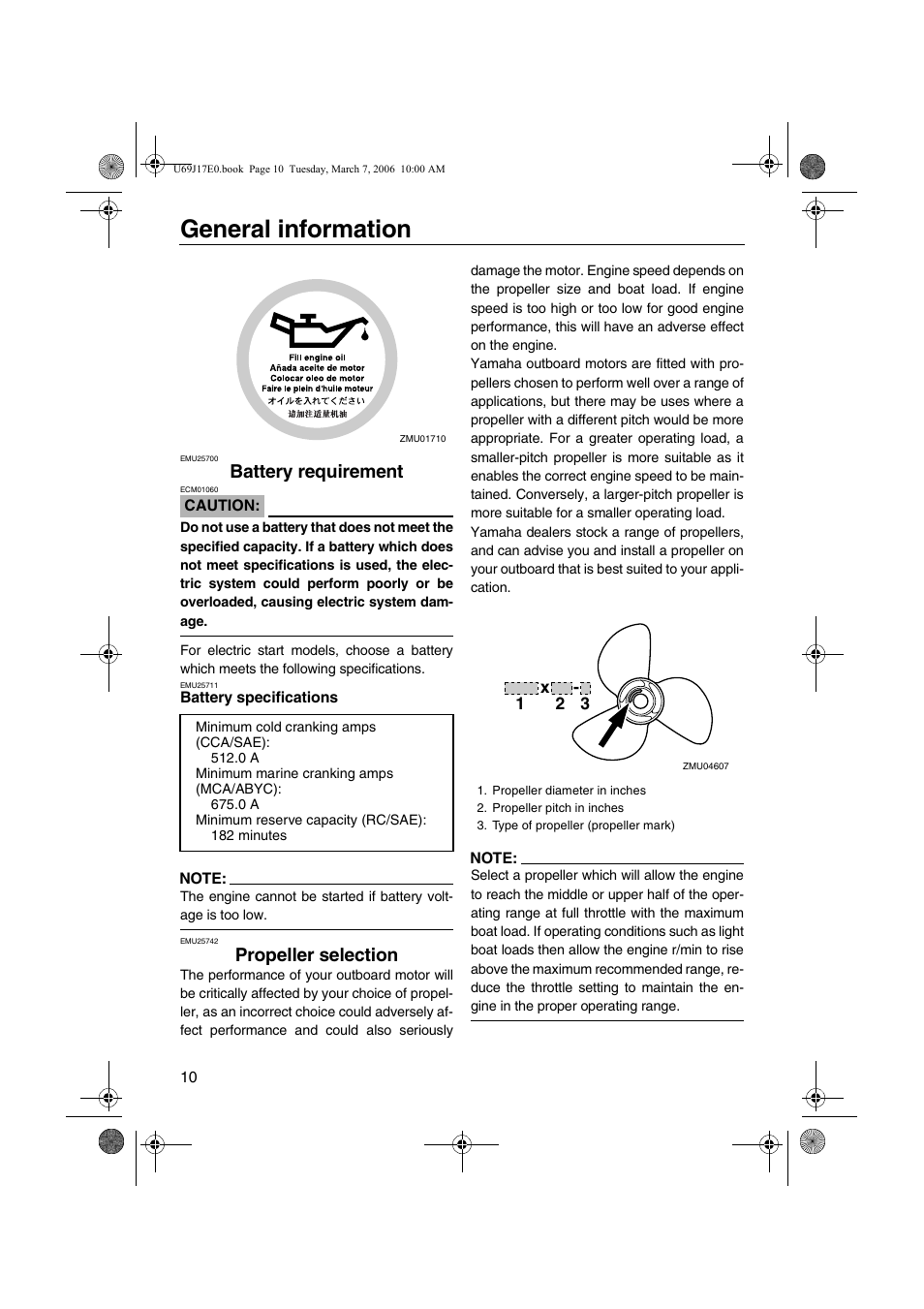 Battery requirement, Battery specifications, Propeller selection | General information | Yamaha LF225 User Manual | Page 16 / 94