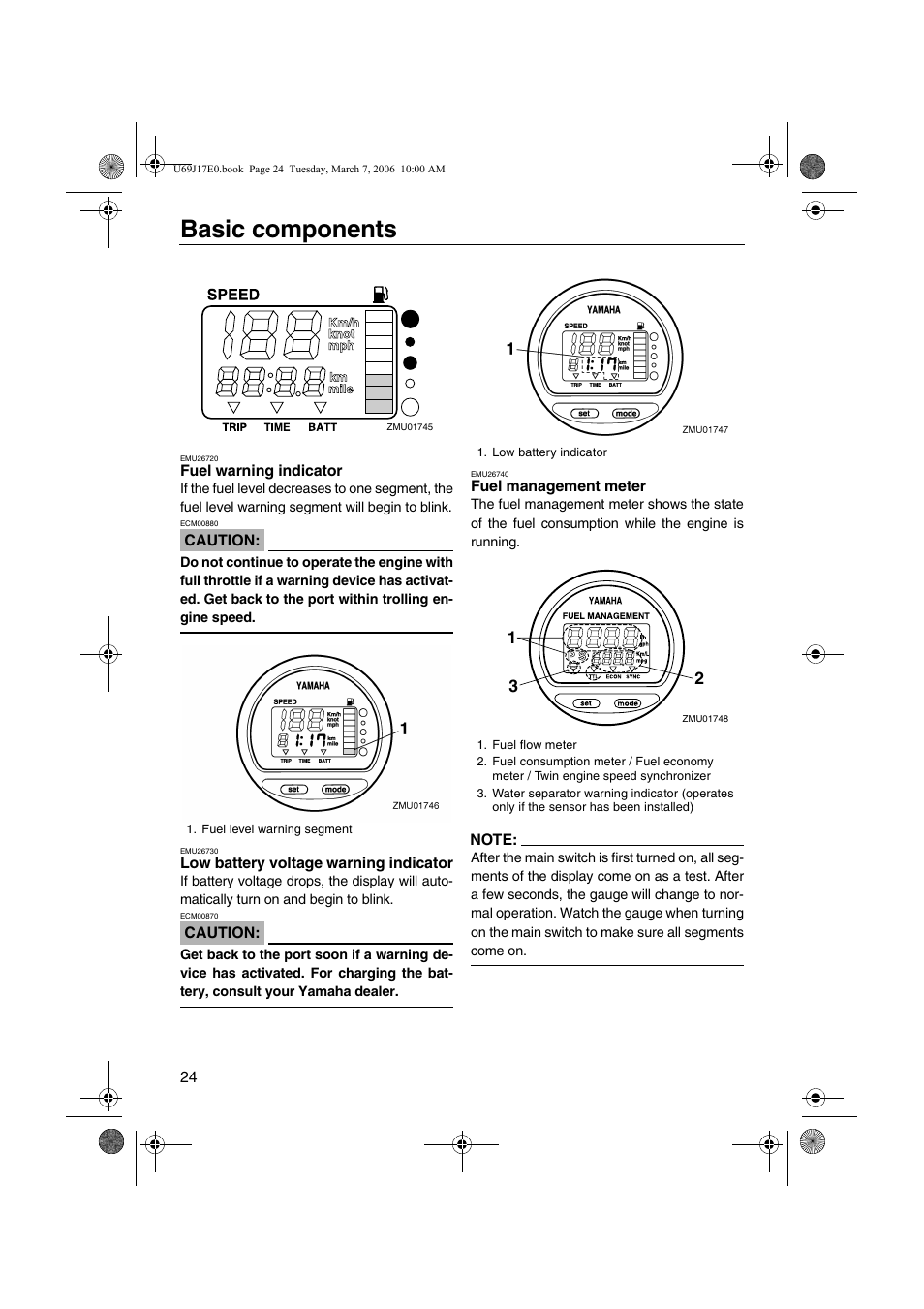 Fuel warning indicator low battery voltage warning, Indicator, Fuel management meter | Basic components | Yamaha LF225 User Manual | Page 30 / 94