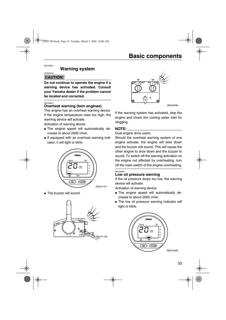 Warning system, Basic components, Caution | Overheat warning (twin engines), Low oil pressure warning | Yamaha LF225 User Manual | Page 39 / 94