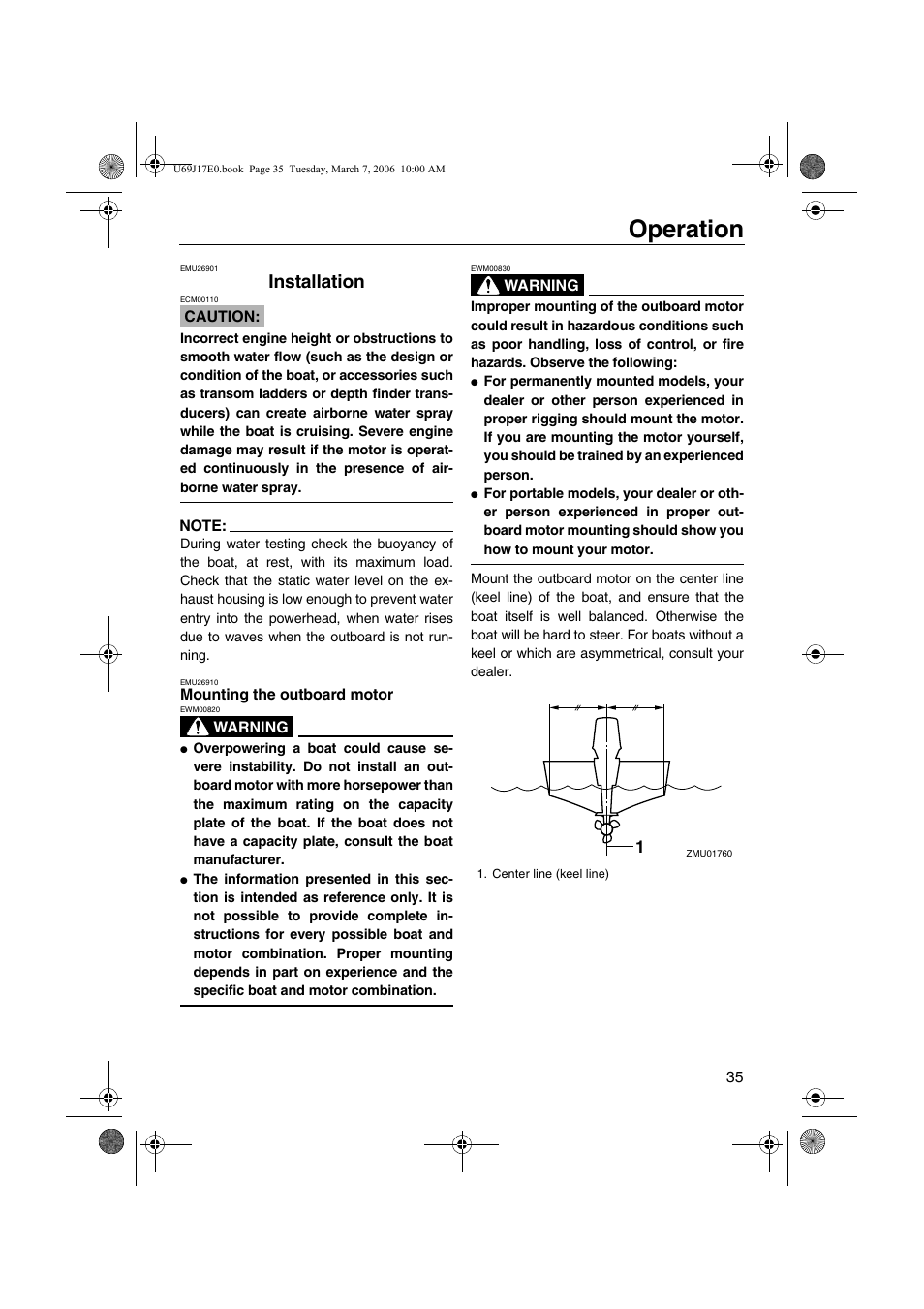 Operation, Installation, Mounting the outboard motor | Yamaha LF225 User Manual | Page 41 / 94