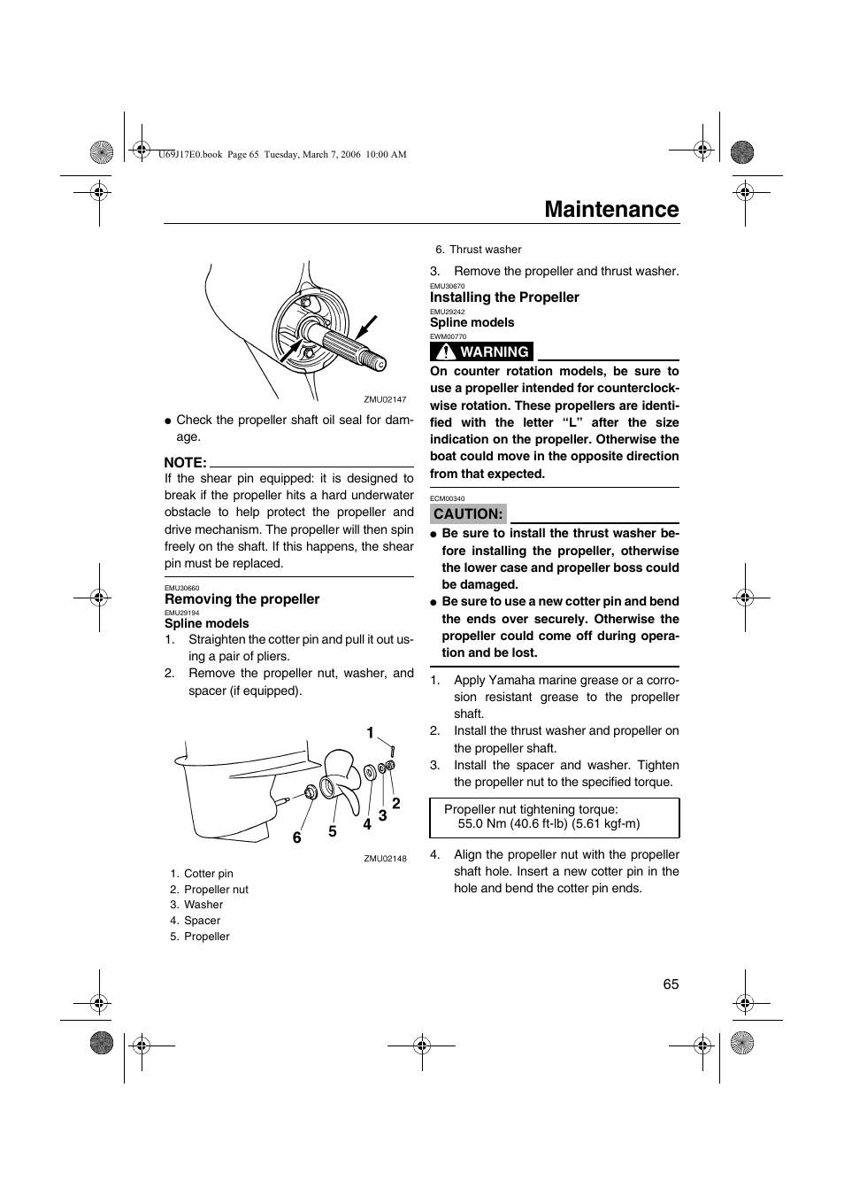 Removing the propeller installing the propeller, Maintenance | Yamaha LF225 User Manual | Page 71 / 94