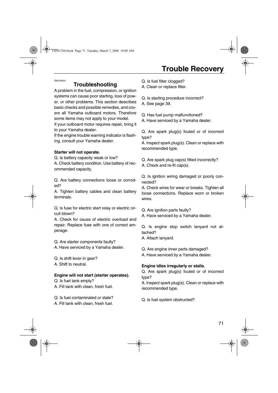 Trouble recovery, Troubleshooting | Yamaha LF225 User Manual | Page 77 / 94