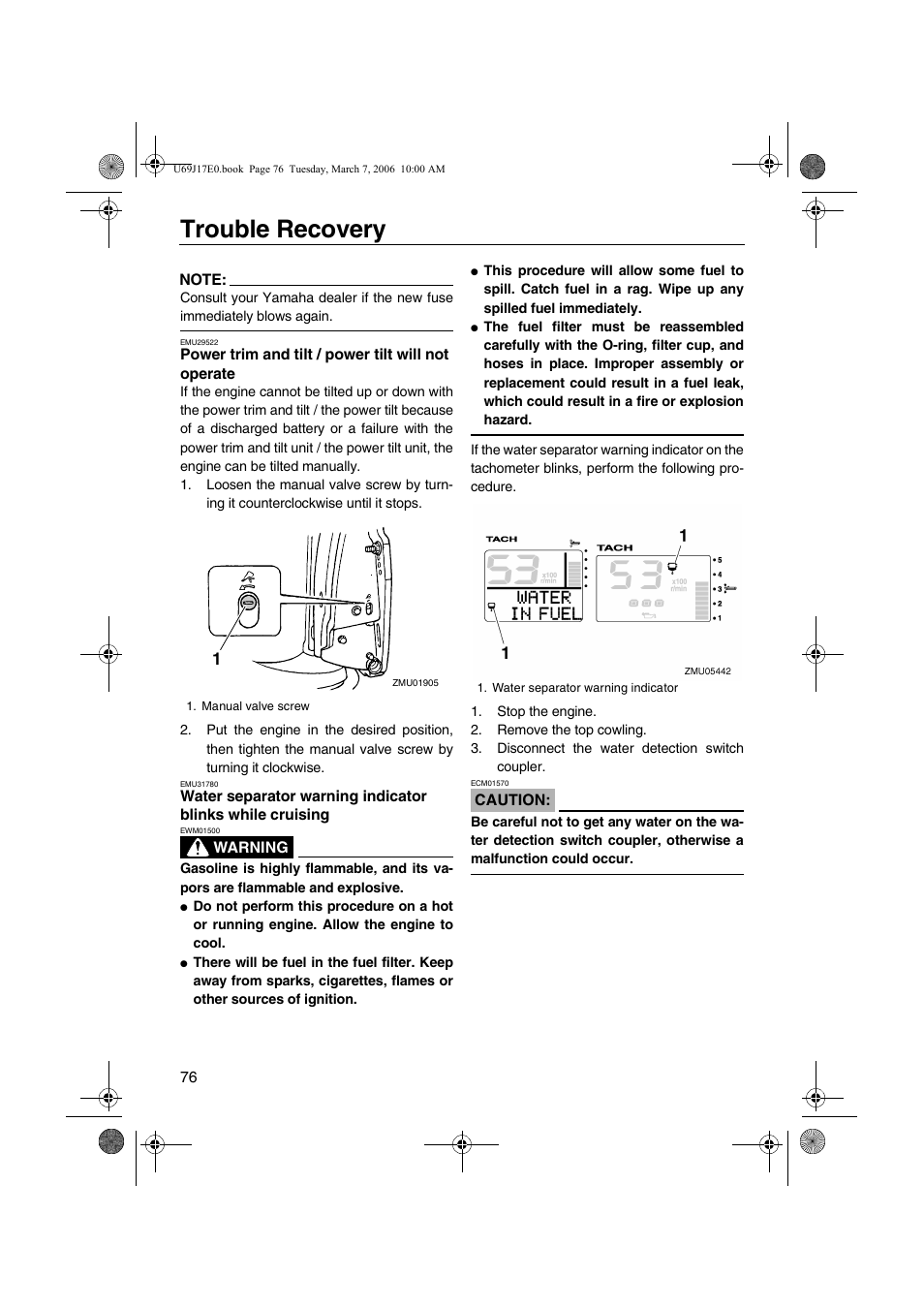 Power trim and tilt, Power tilt will not operate, Water separator warning indicator | Blinks while cruising, Trouble recovery | Yamaha LF225 User Manual | Page 82 / 94