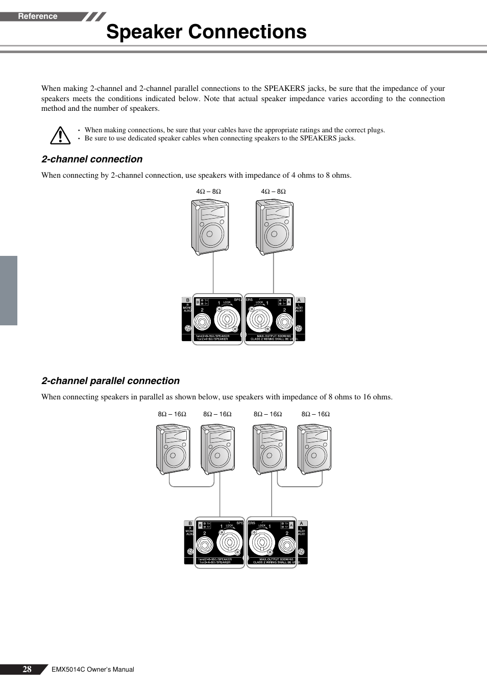 Speaker connections, Channel connection, Channel parallel connection | Yamaha EM5014C User Manual | Page 28 / 37