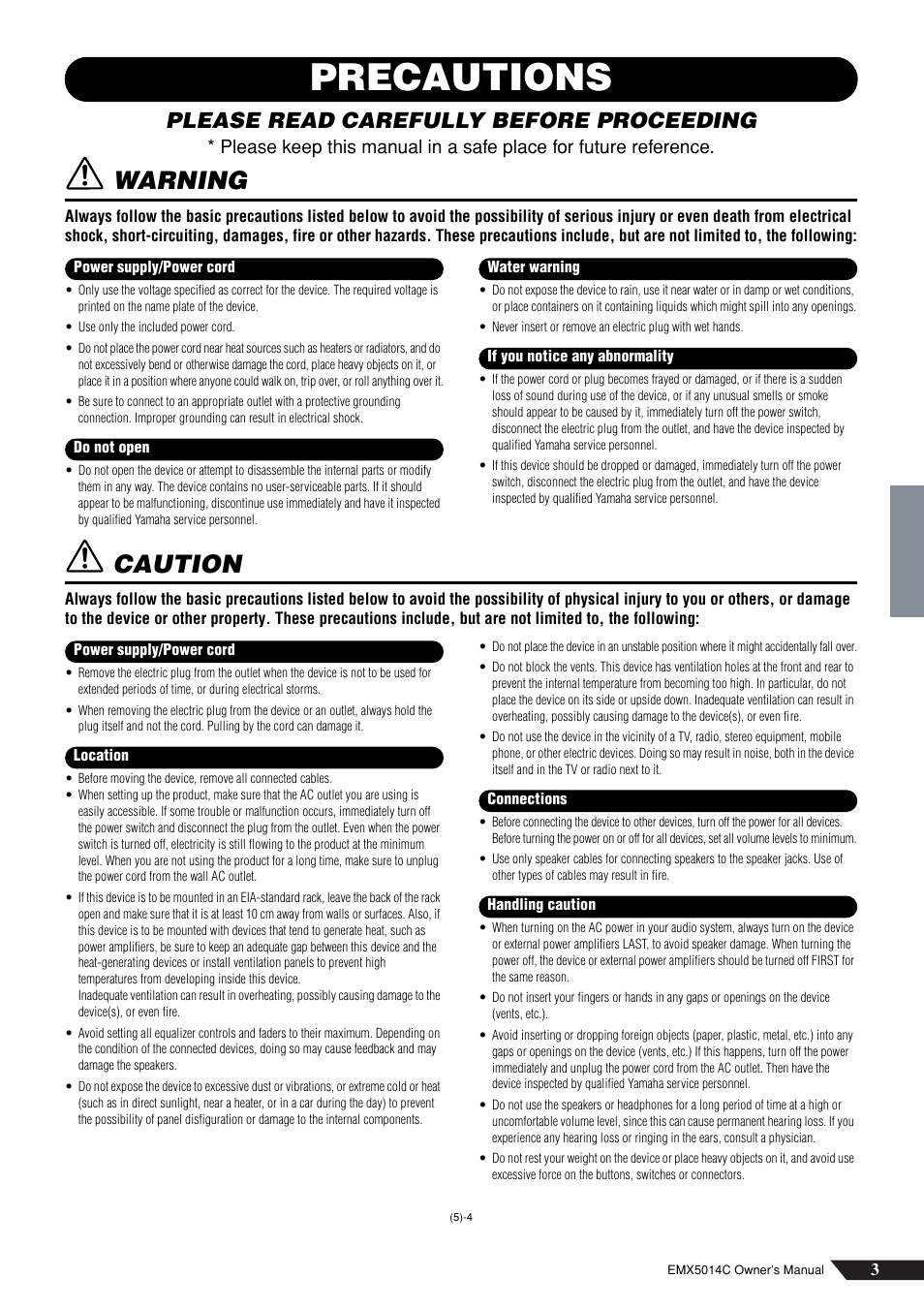 Precautions, Warning, Caution | Please read carefully before proceeding | Yamaha EM5014C User Manual | Page 3 / 37