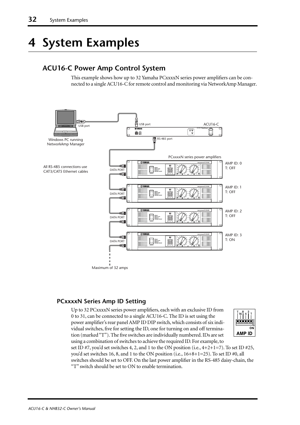 4 system examples, Acu16c power amp control system, System examples | Acu16-c power amp control system | Yamaha NHB32-C User Manual | Page 36 / 44