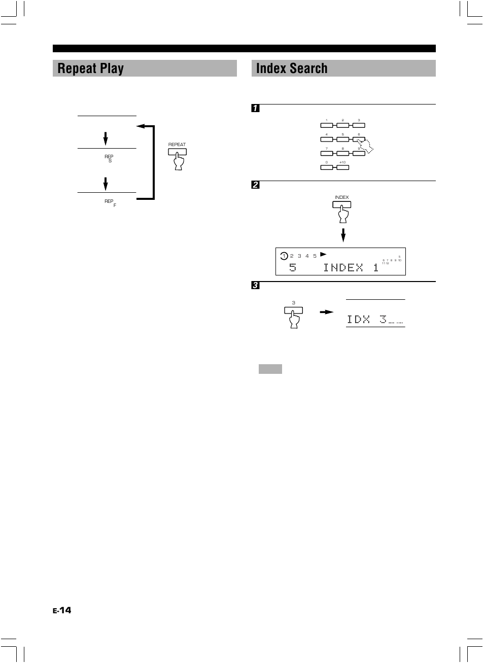 Repeat play, Index search, Single repeat (rep s) | Full repeat (rep f), I d x 3 | Yamaha CDC-585 User Manual | Page 18 / 28