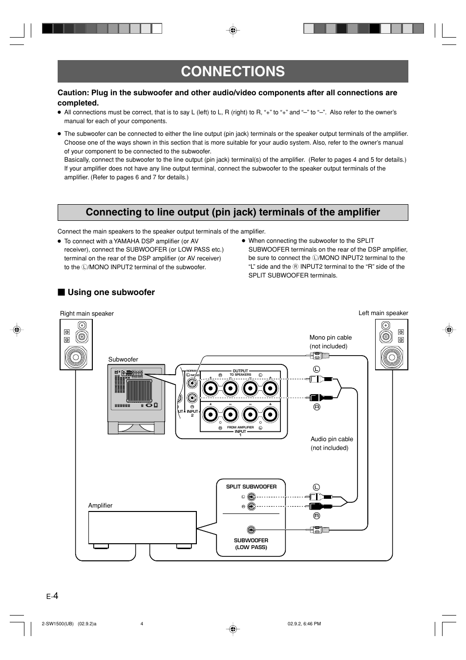 Connections, Using one subwoofer | Yamaha YST-SW1500 User Manual | Page 8 / 24