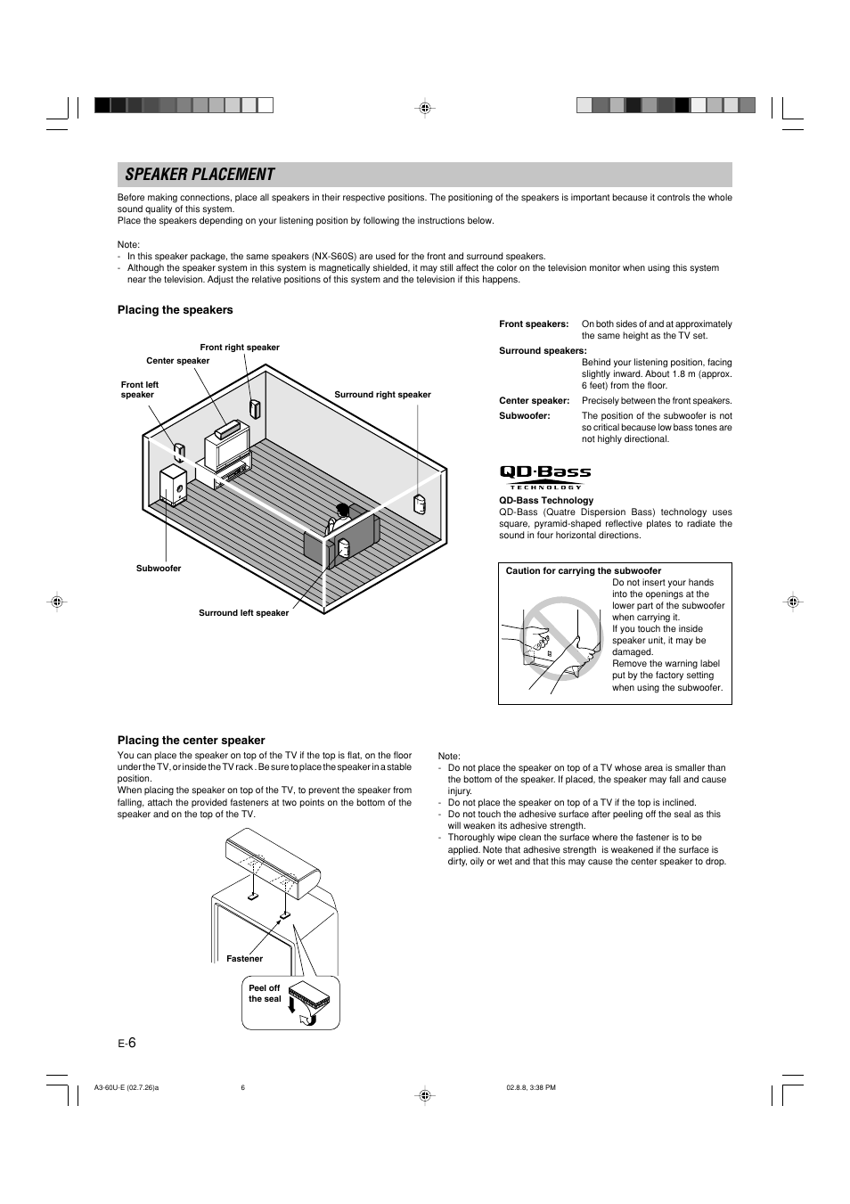 Speaker placement, Placing the speakers, Placing the center speaker | Yamaha DVX-S60 User Manual | Page 10 / 31